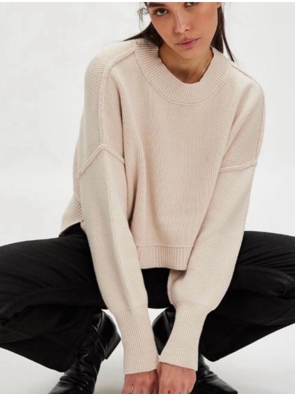 Free People Oversized Easy Street Crop Pullover Slouchy Chunky Pearl